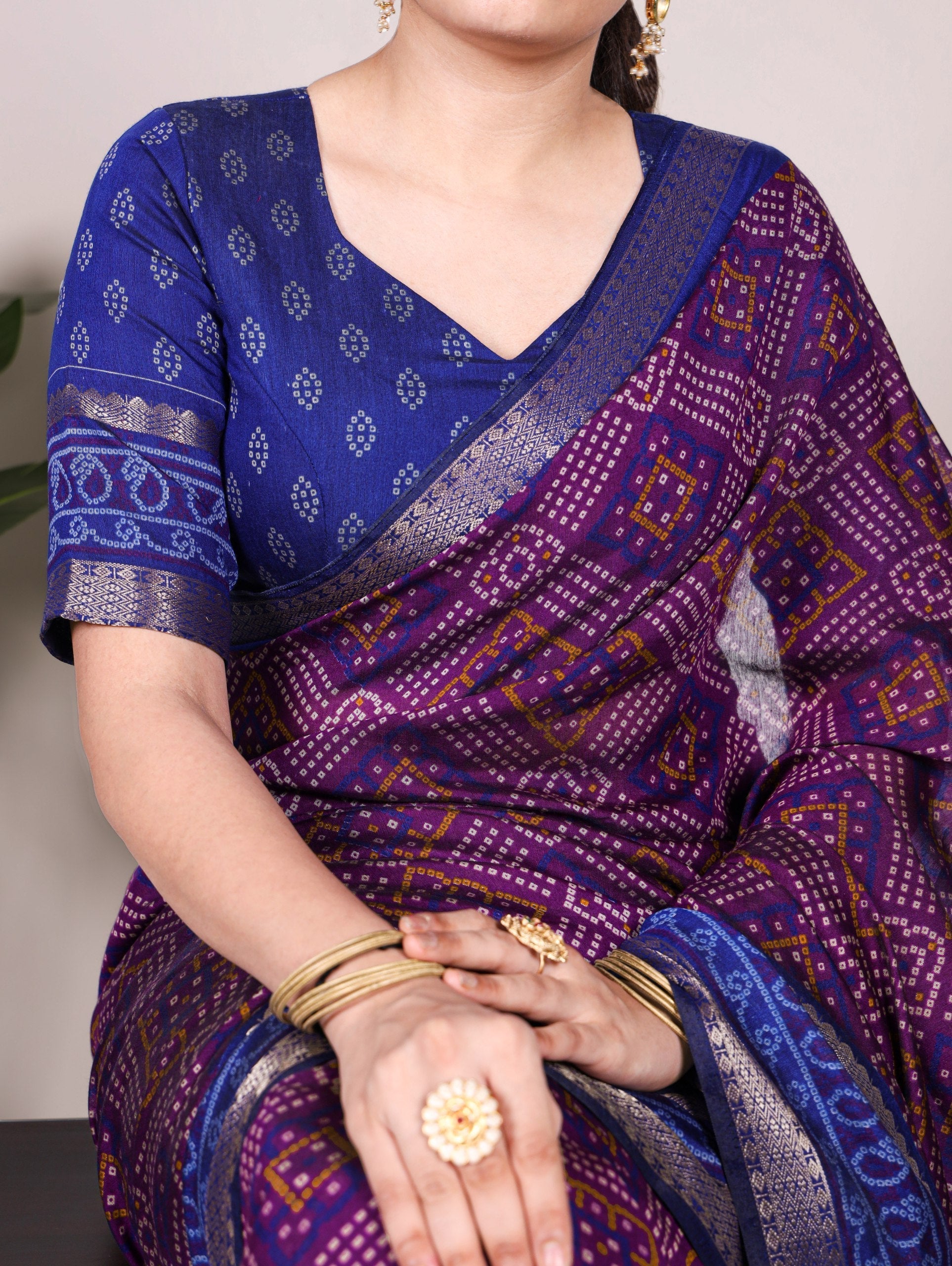 Purple Bandhej Print Chanderi Saree with Zari Weaving Work