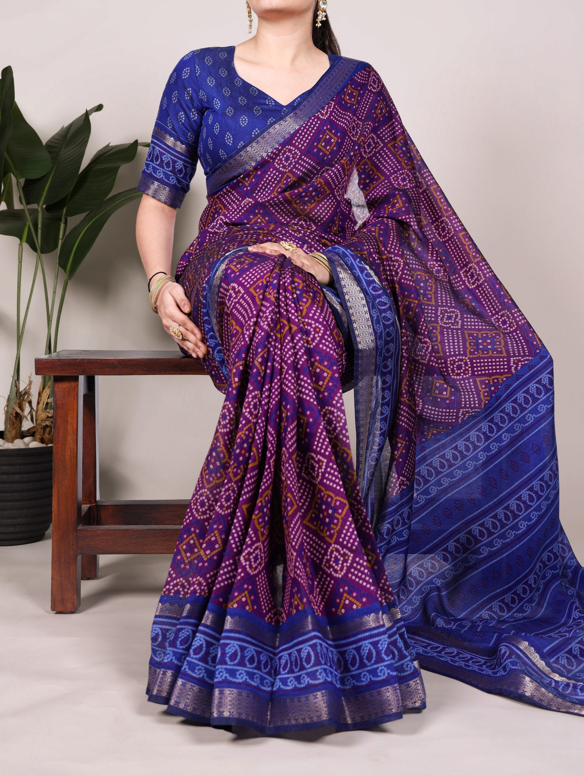 Purple Bandhej Print Chanderi Saree with Zari Weaving Work