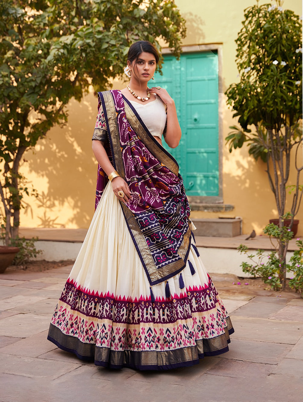 Purple Color Patola Print Tussar Silk Lehenga Choli Set with Foil Detailing & Can Can