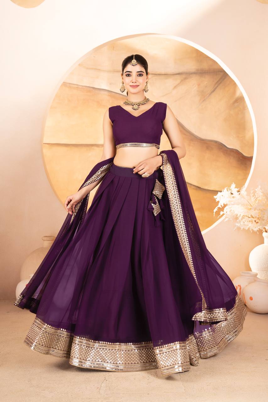 Purple Designer Dyeable Faux Blooming Lehenga Choli with 7mm Sequins Embroidery & Lace-Border Dupatta