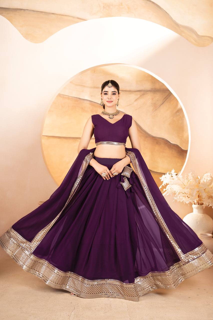 Purple Designer Dyeable Faux Blooming Lehenga Choli with 7mm Sequins Embroidery & Lace-Border Dupatta