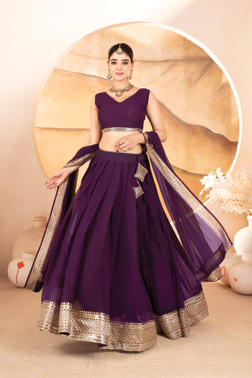 Purple Designer Dyeable Faux Blooming Lehenga Choli with 7mm Sequins Embroidery & Lace-Border Dupatta