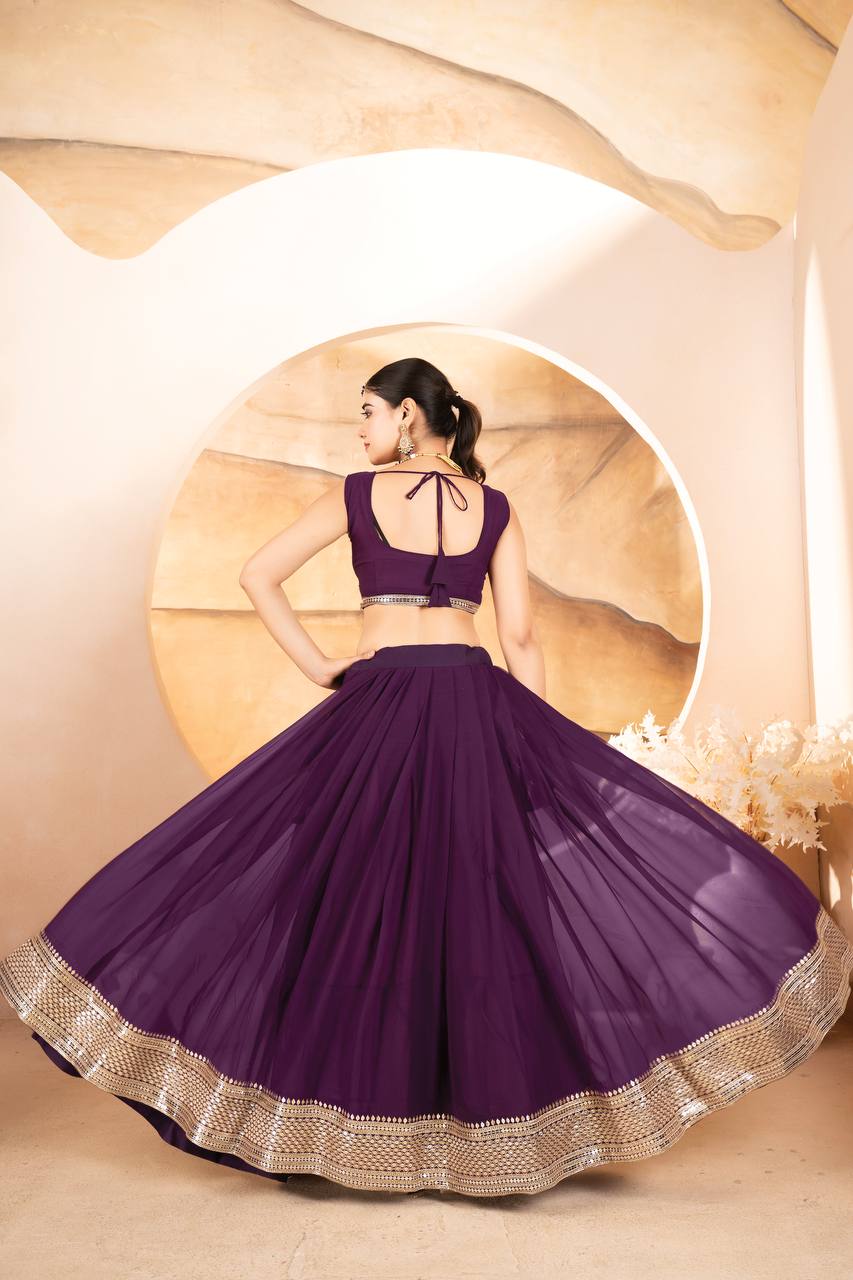 Purple Designer Dyeable Faux Blooming Lehenga Choli with 7mm Sequins Embroidery & Lace-Border Dupatta