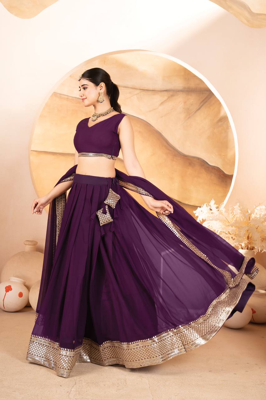 Purple Designer Dyeable Faux Blooming Lehenga Choli with 7mm Sequins Embroidery & Lace-Border Dupatta