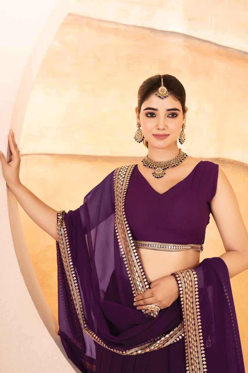 Purple Designer Dyeable Faux Blooming Lehenga Choli with 7mm Sequins Embroidery & Lace-Border Dupatta