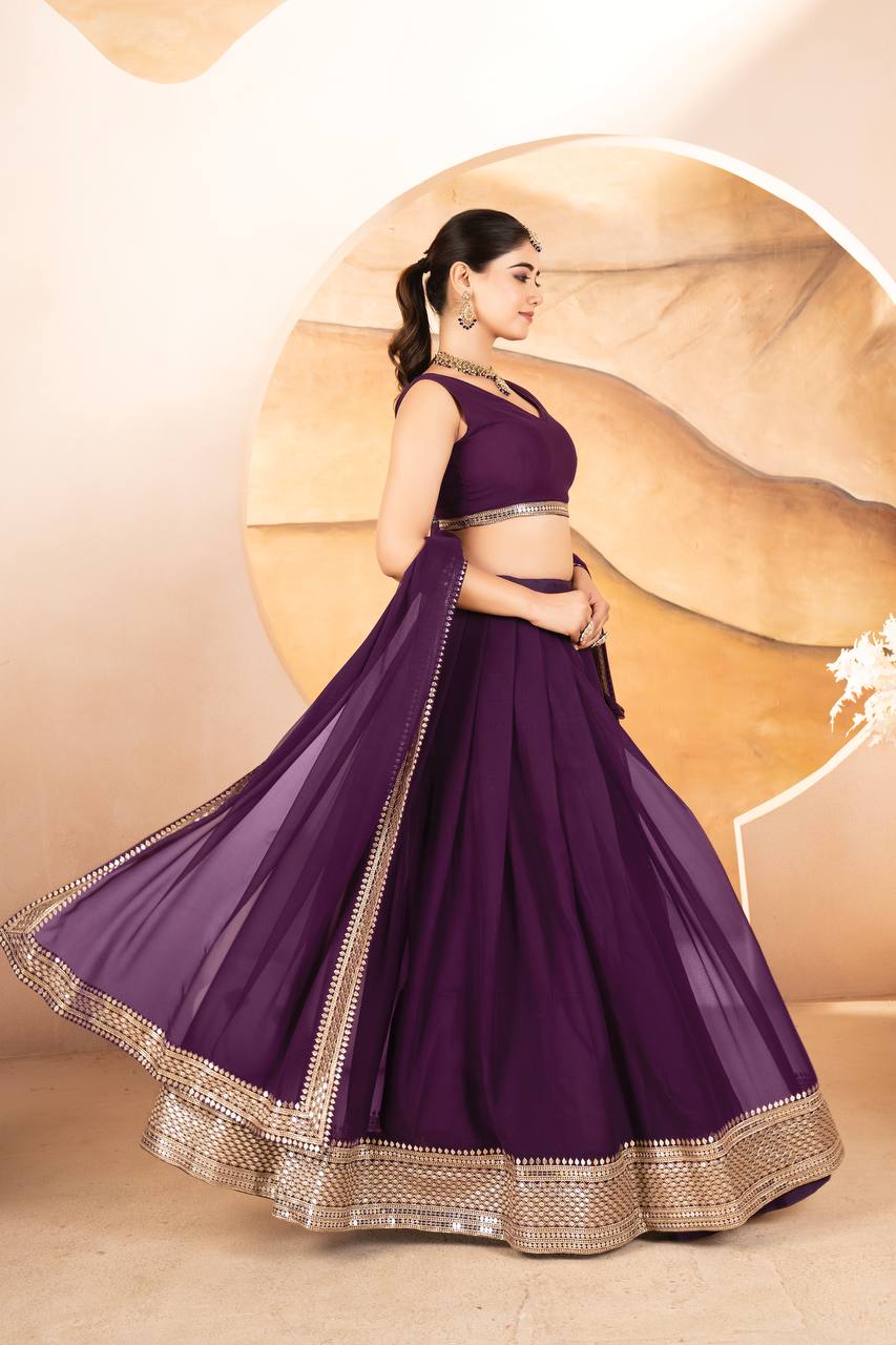 Purple Designer Dyeable Faux Blooming Lehenga Choli with 7mm Sequins Embroidery & Lace-Border Dupatta
