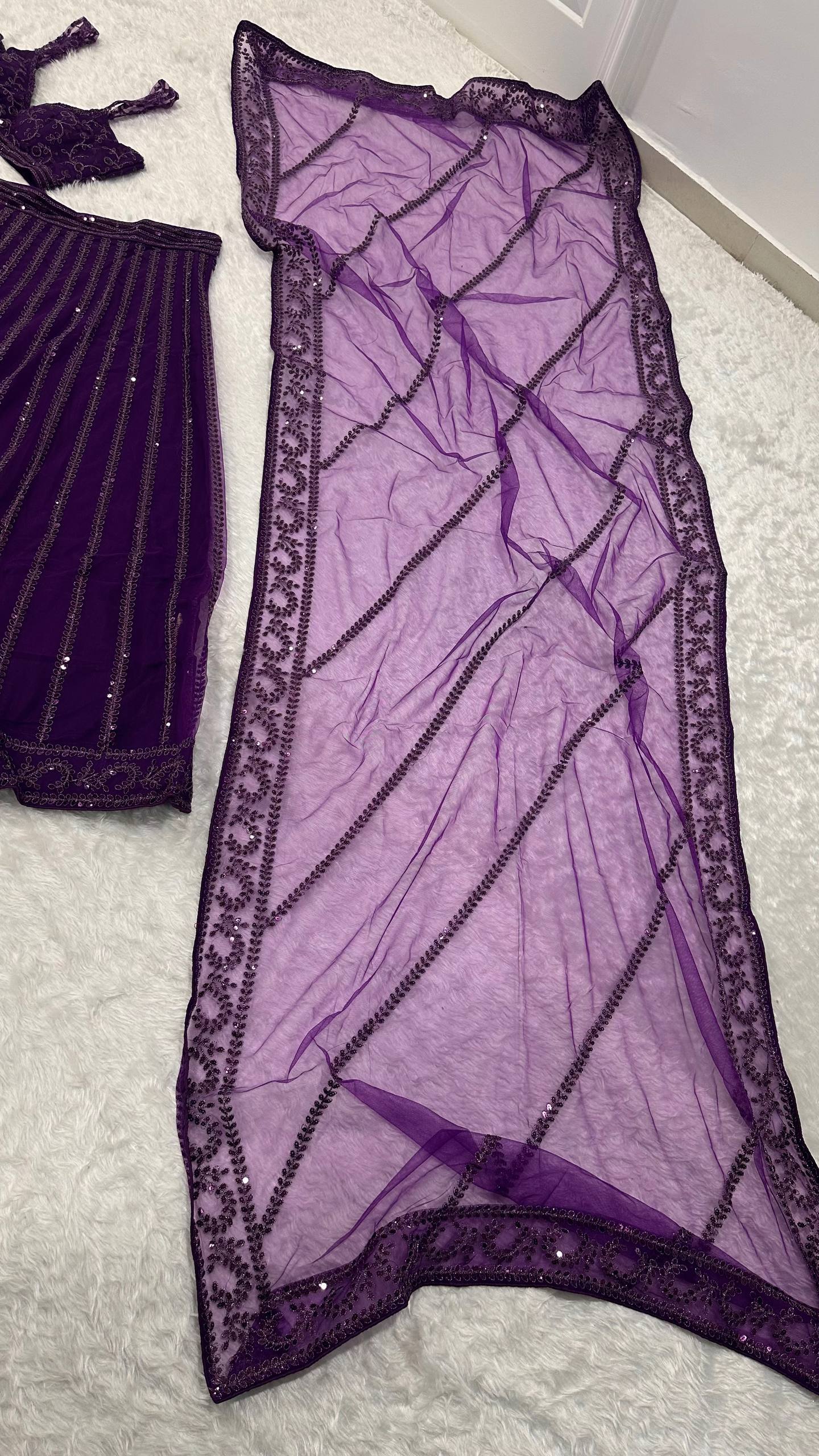 Purple Designer Net Lehenga Set with Sequins & Dori Embroidery