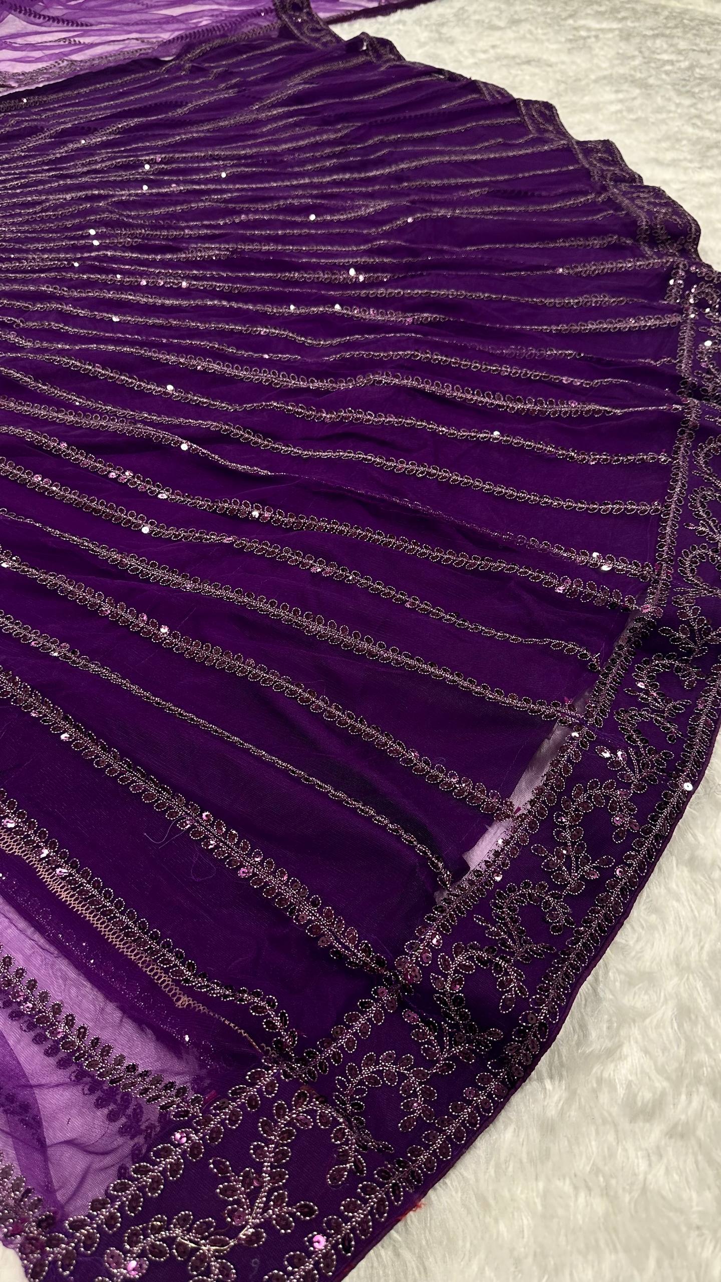 Purple Designer Net Lehenga Set with Sequins & Dori Embroidery