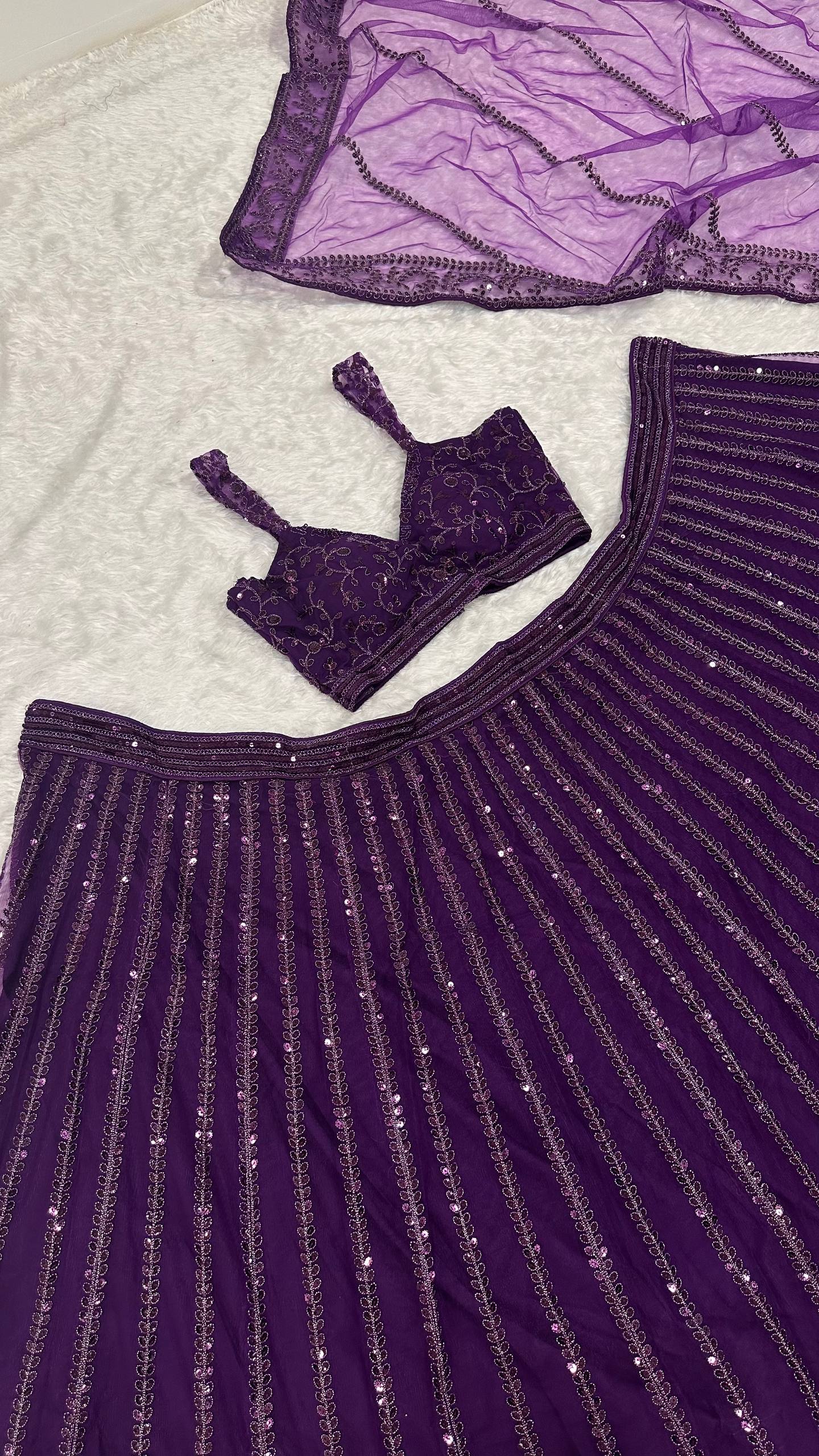 Purple Designer Net Lehenga Set with Sequins & Dori Embroidery