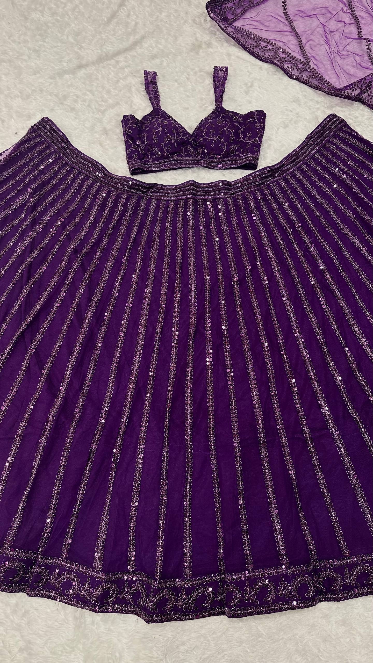 Purple Designer Net Lehenga Set with Sequins & Dori Embroidery