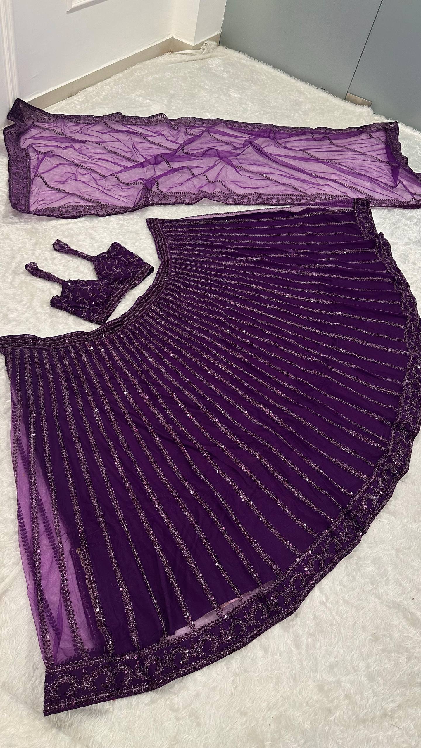 Purple Designer Net Lehenga Set with Sequins & Dori Embroidery