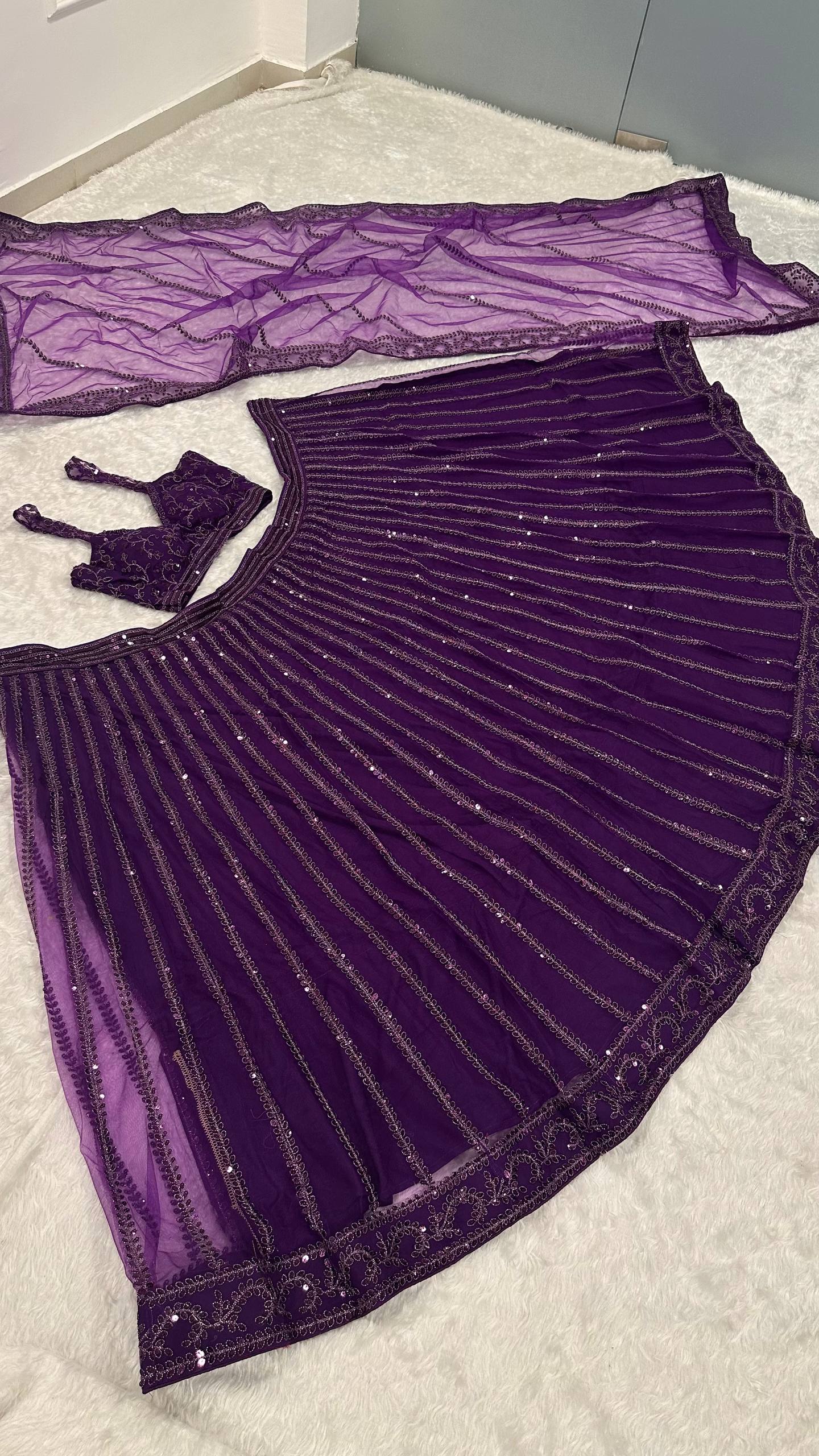 Purple Designer Net Lehenga Set with Sequins & Dori Embroidery