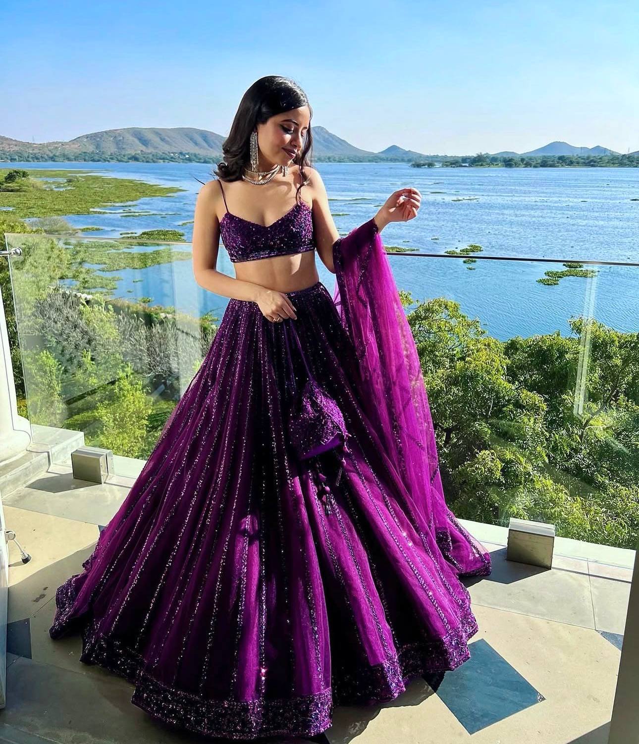 Purple Designer Net Lehenga Set with Sequins & Dori Embroidery
