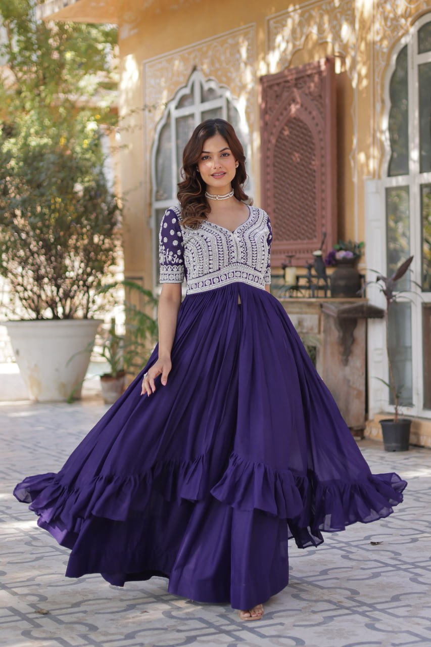 Purple Designer Star Georgette Kurti with Lehenga Set Embroidered Beads & Sequins Work Elegant Ethnic Wear