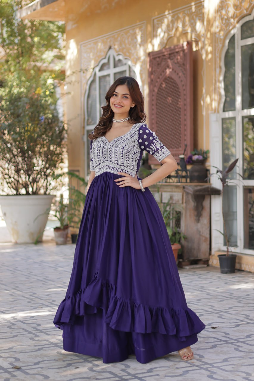 Purple Designer Star Georgette Kurti with Lehenga Set Embroidered Beads & Sequins Work Elegant Ethnic Wear