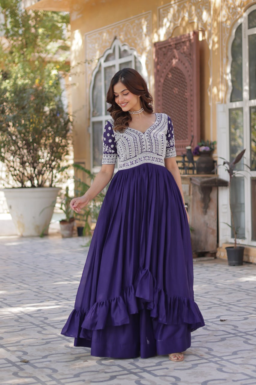 Purple Designer Star Georgette Kurti with Lehenga Set Embroidered Beads & Sequins Work Elegant Ethnic Wear