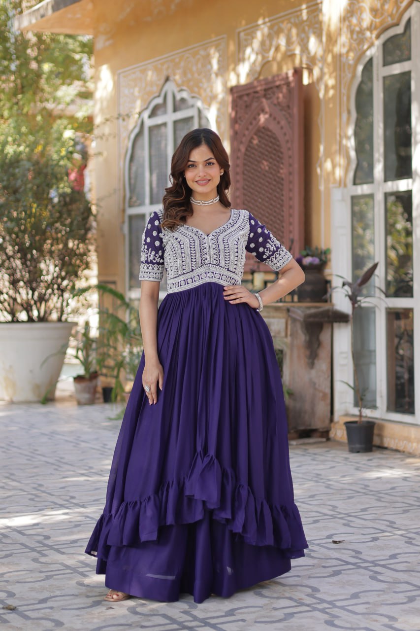 Purple Designer Star Georgette Kurti with Lehenga Set Embroidered Beads & Sequins Work Elegant Ethnic Wear