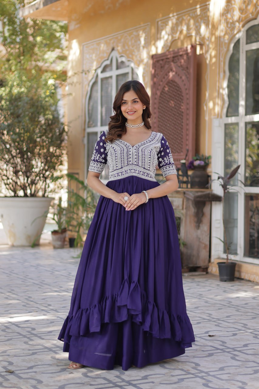 Purple Designer Star Georgette Kurti with Lehenga Set Embroidered Beads & Sequins Work Elegant Ethnic Wear