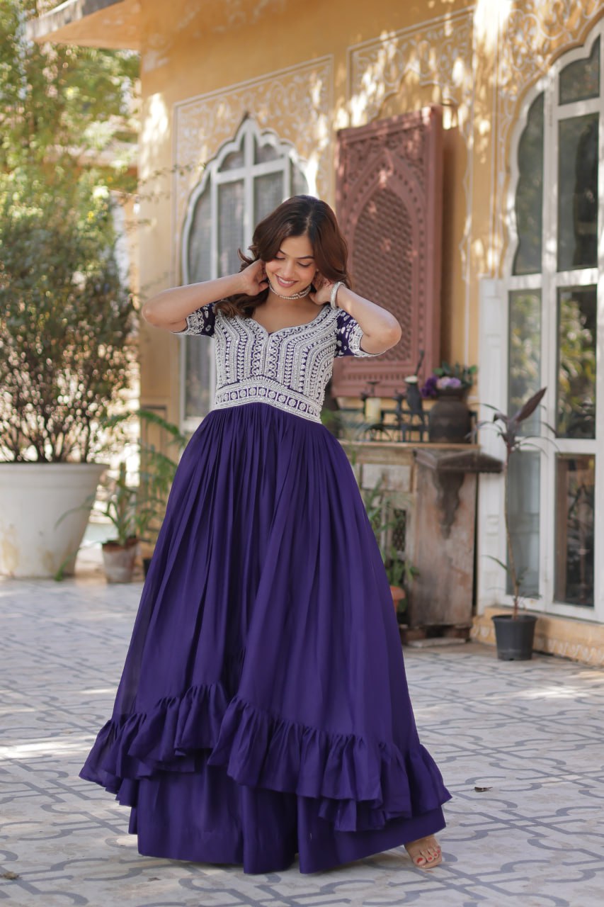 Purple Designer Star Georgette Kurti with Lehenga Set Embroidered Beads & Sequins Work Elegant Ethnic Wear