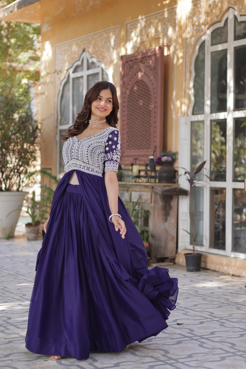 Purple Designer Star Georgette Kurti with Lehenga Set Embroidered Beads & Sequins Work Elegant Ethnic Wear