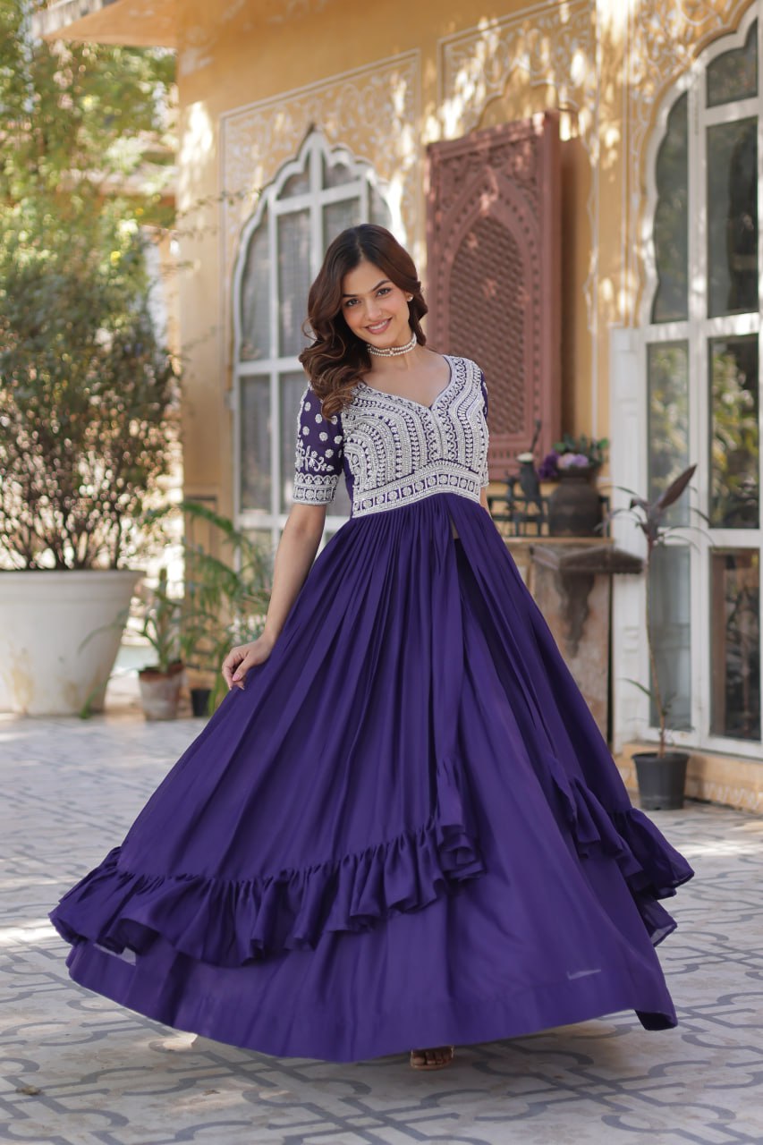 Purple Designer Star Georgette Kurti with Lehenga Set Embroidered Beads & Sequins Work Elegant Ethnic Wear
