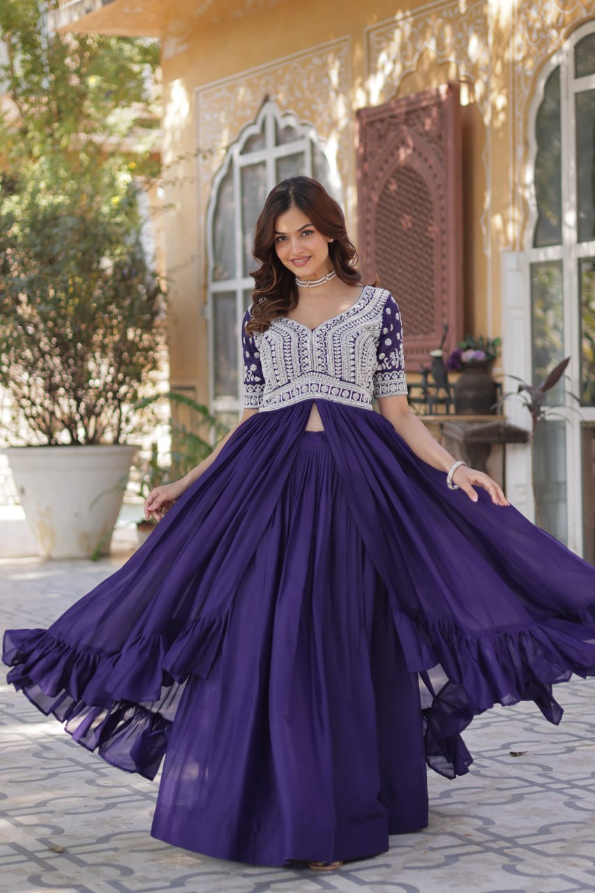 Purple Designer Star Georgette Kurti with Lehenga Set Embroidered Beads & Sequins Work Elegant Ethnic Wear