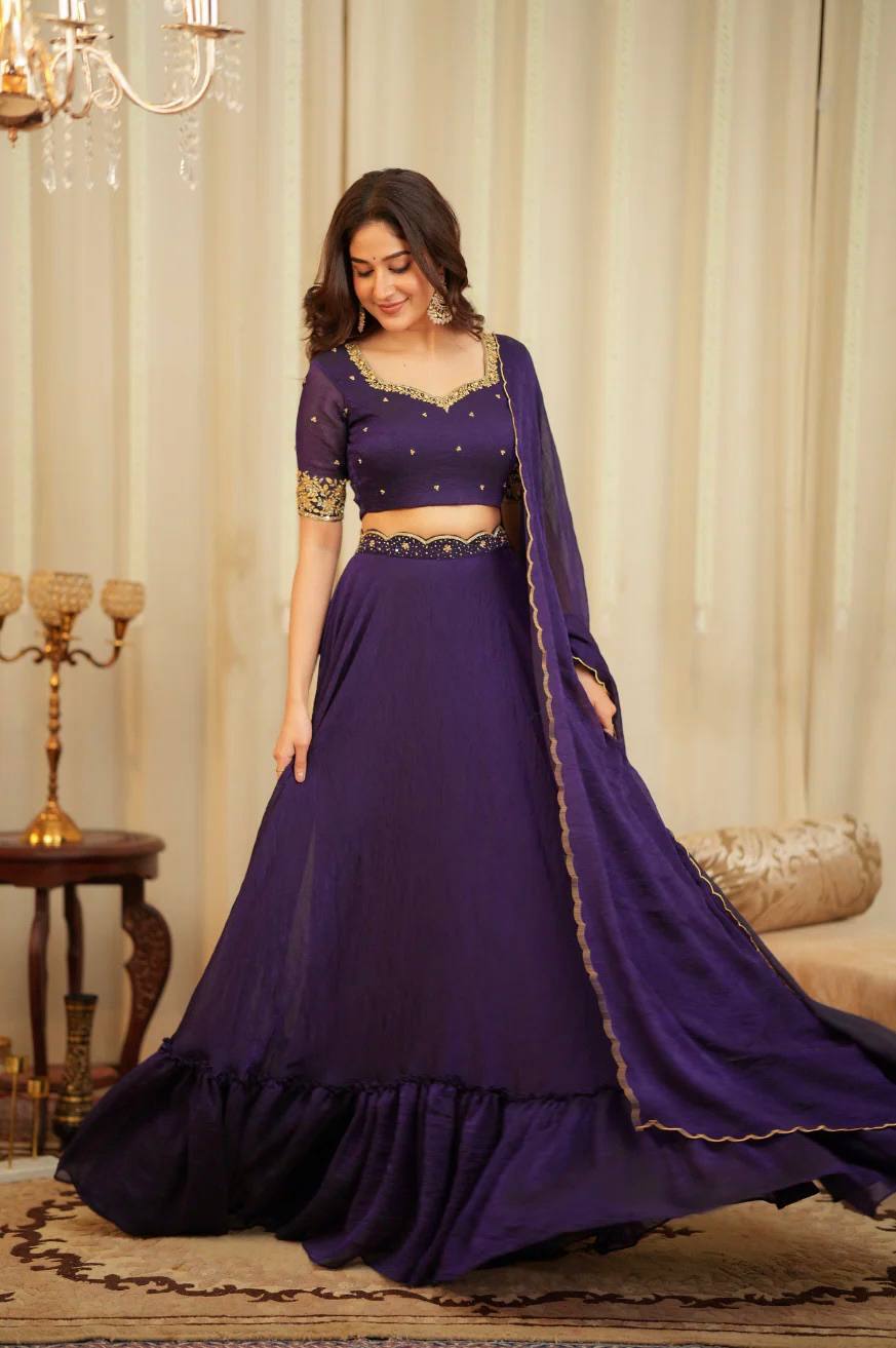Purple Diamond Crush Silk Lehenga Set with Sequins, Dori, and Chain Stitch Work – Semi-Stitched