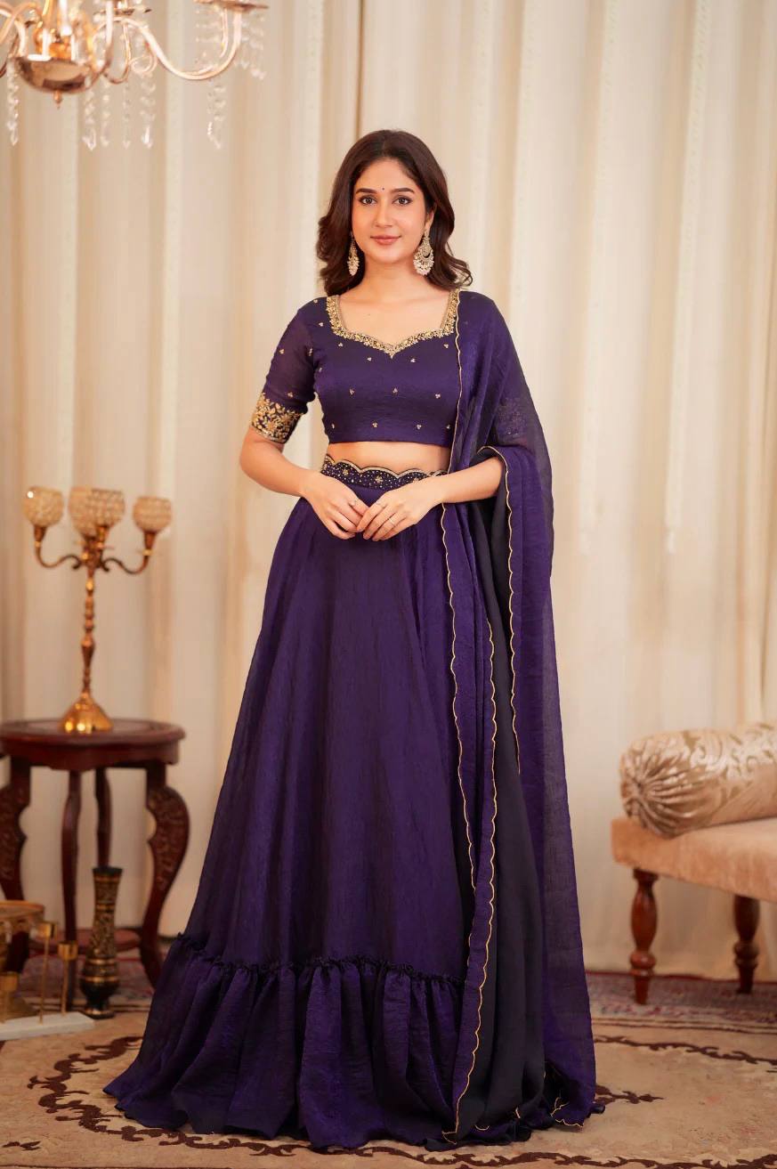 Purple Diamond Crush Silk Lehenga Set with Sequins, Dori, and Chain Stitch Work – Semi-Stitched