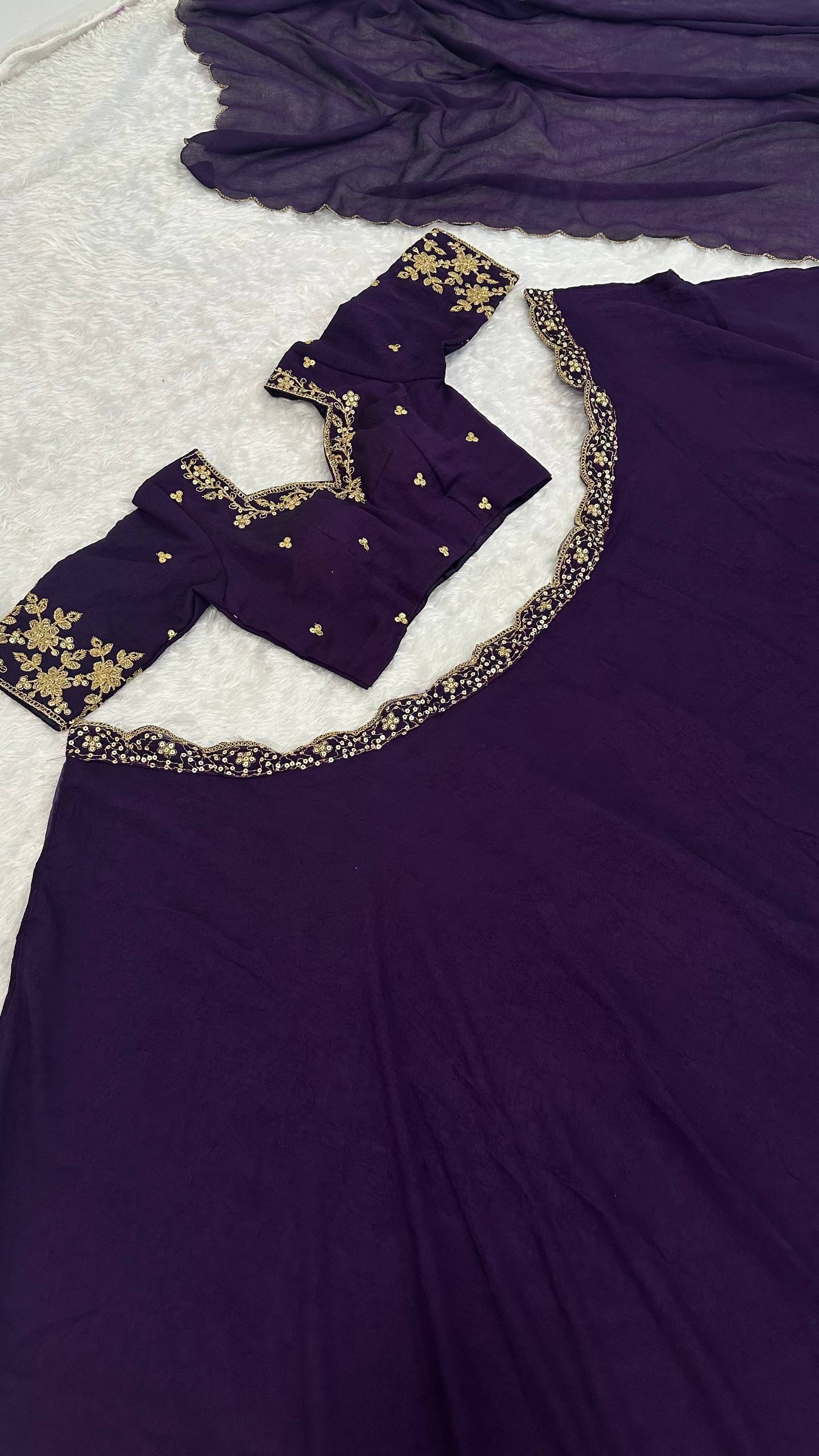 Purple Diamond Crush Silk Lehenga Set with Sequins, Dori, and Chain Stitch Work – Semi-Stitched