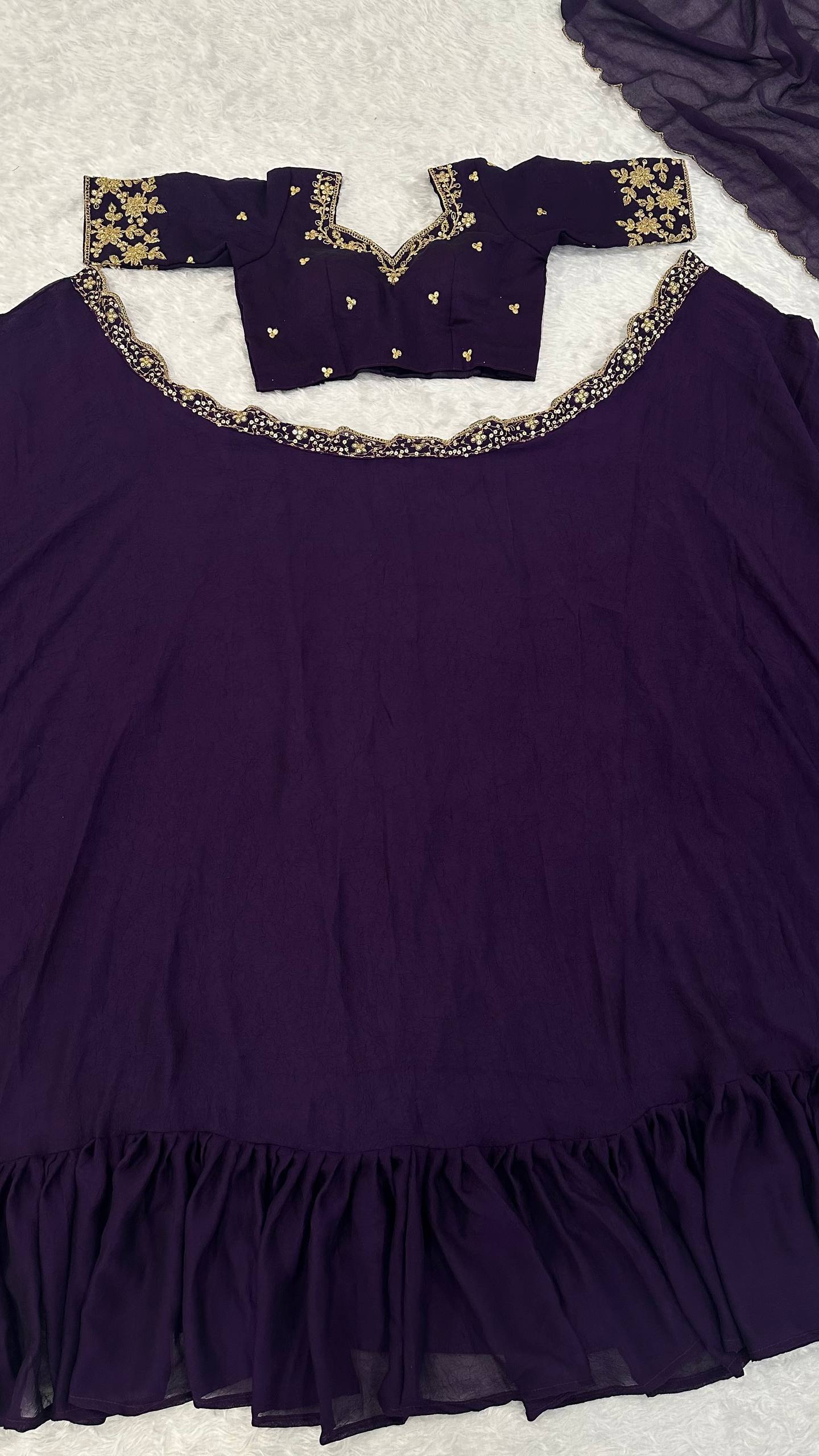 Purple Diamond Crush Silk Lehenga Set with Sequins, Dori, and Chain Stitch Work – Semi-Stitched