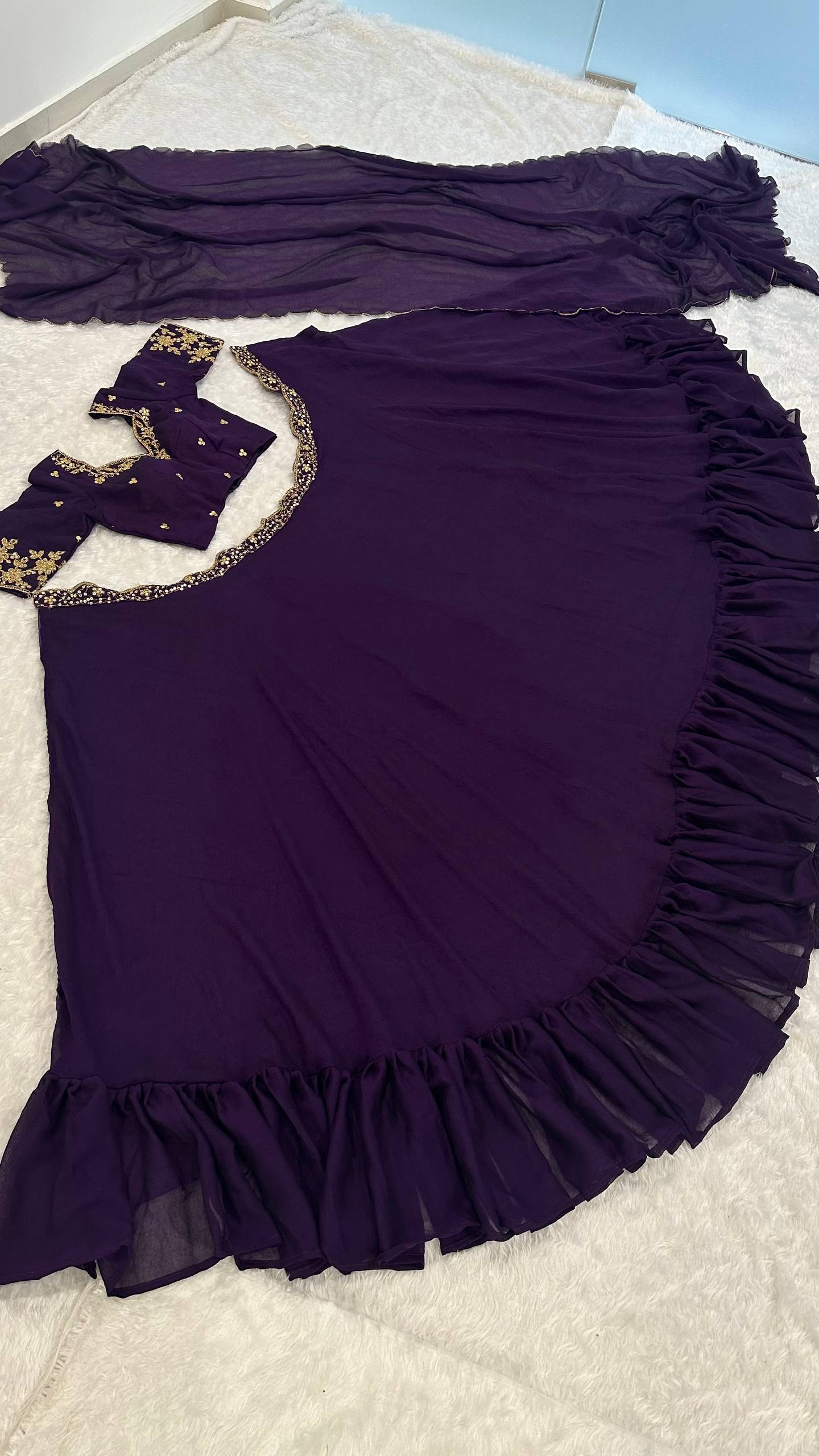 Purple Diamond Crush Silk Lehenga Set with Sequins, Dori, and Chain Stitch Work – Semi-Stitched