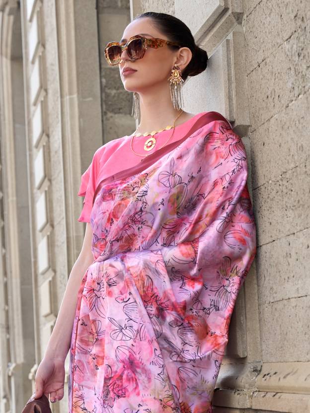 Purple Digital Print Saree in Satin Silk Blend – Party & Wedding Wear