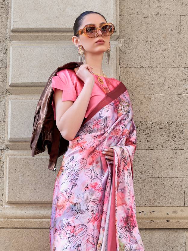 Purple Digital Print Saree in Satin Silk Blend – Party & Wedding Wear