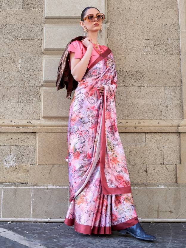 Purple Digital Print Saree in Satin Silk Blend – Party & Wedding Wear
