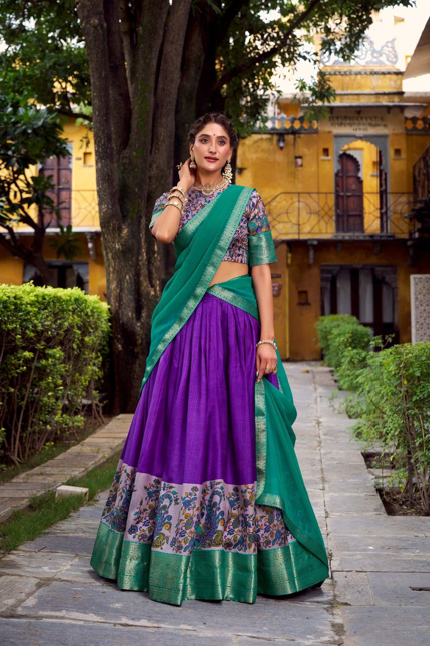 Purple Elegant Aastha Silk Printed Lehenga Choli Set with Zari Weaving and Georgette Dupatta – Stitched Ensemble