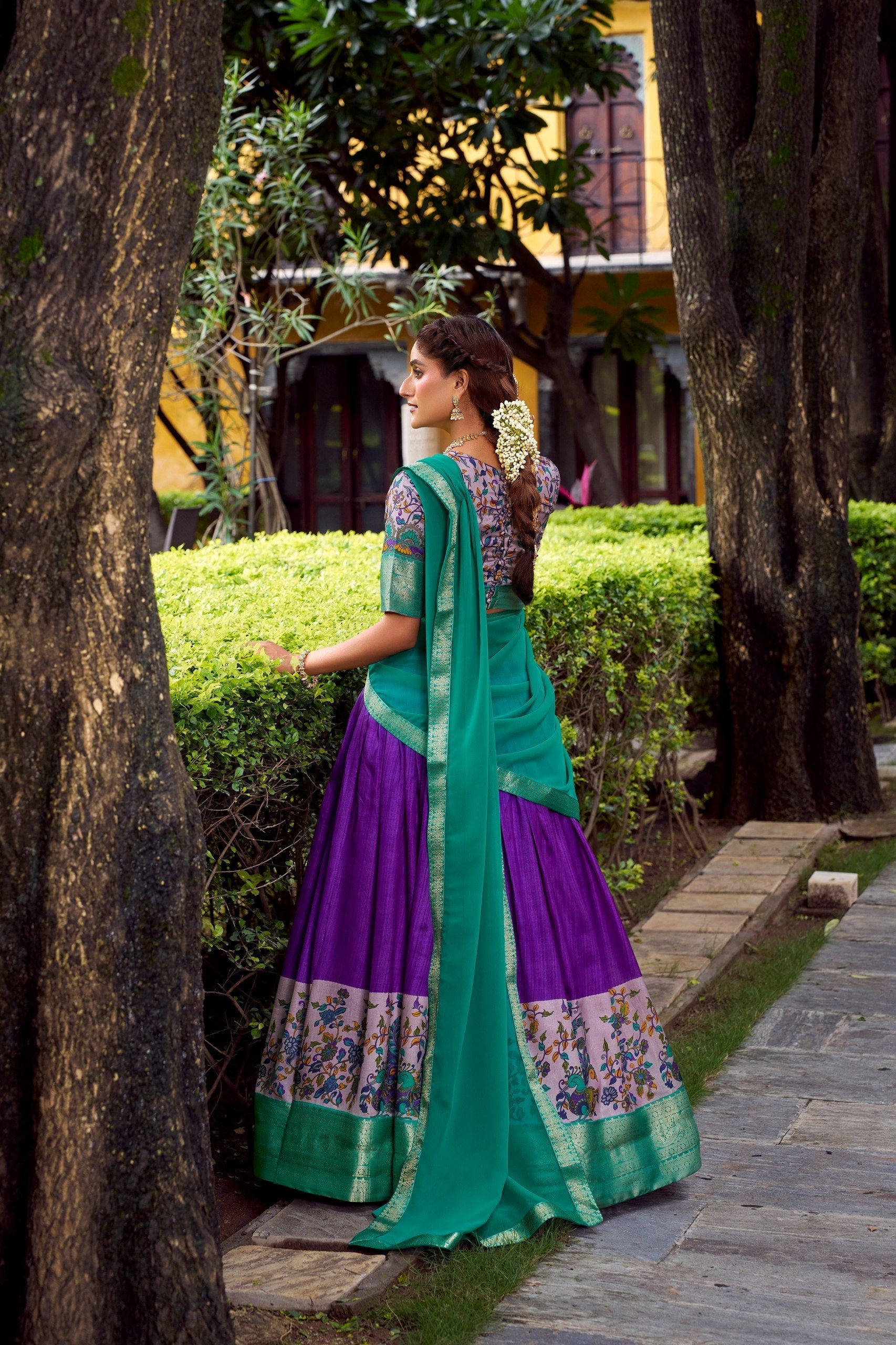 Purple Elegant Aastha Silk Printed Lehenga Choli Set with Zari Weaving and Georgette Dupatta – Stitched Ensemble