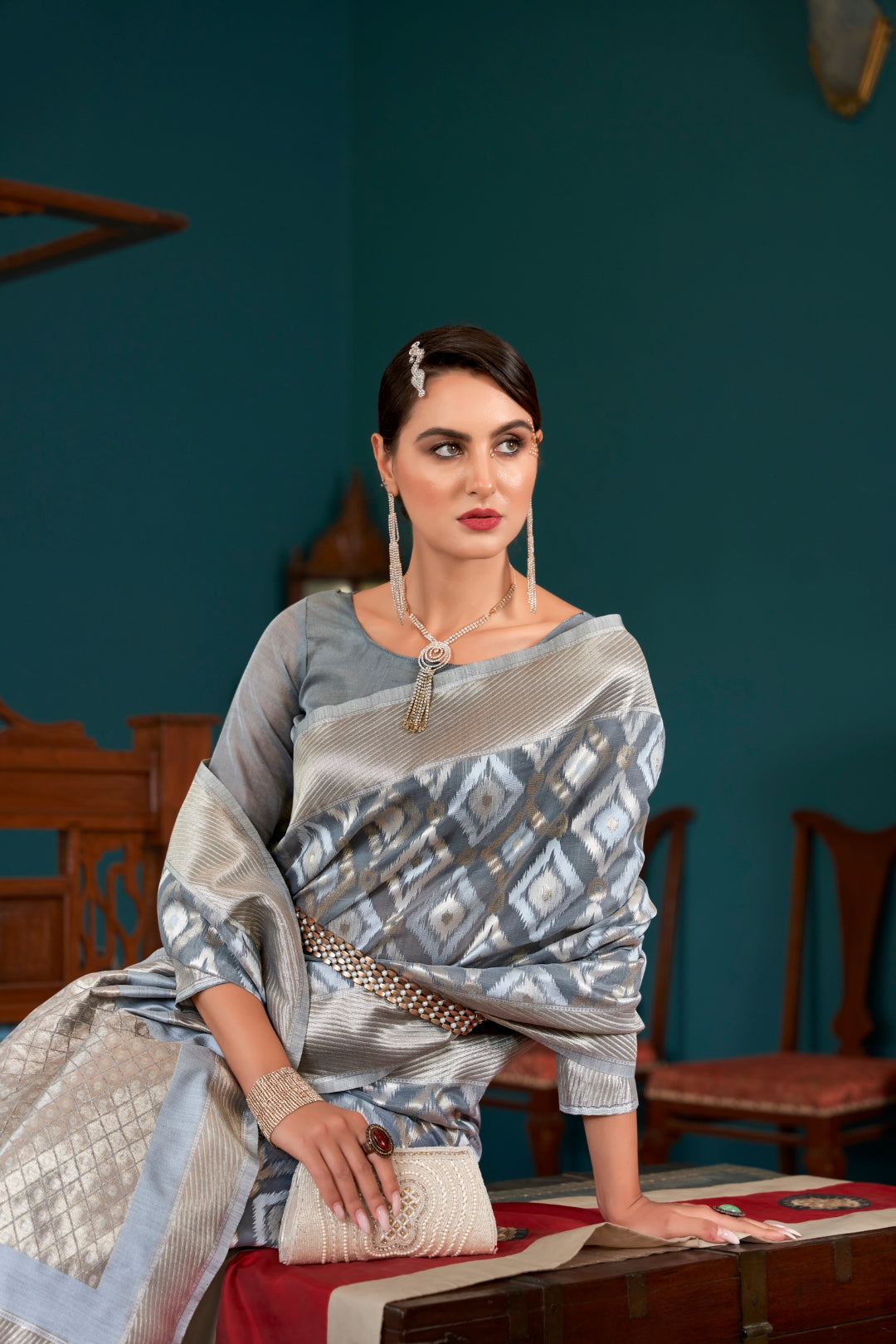 Gray Elegant Banarasi Saree with Geometric Zari Weaving