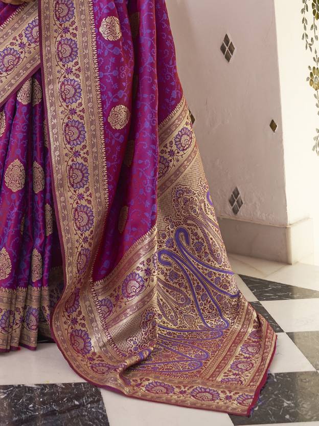 Purple Elegant Banarasi Satin Saree with Unstitched Blouse Piece