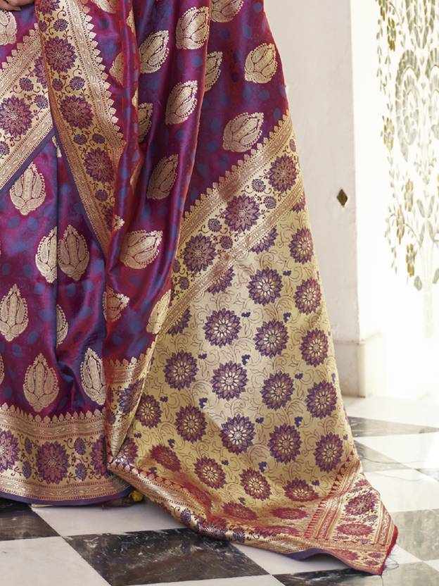 Purple Elegant Banarasi Satin Saree with Unstitched Blouse Piece