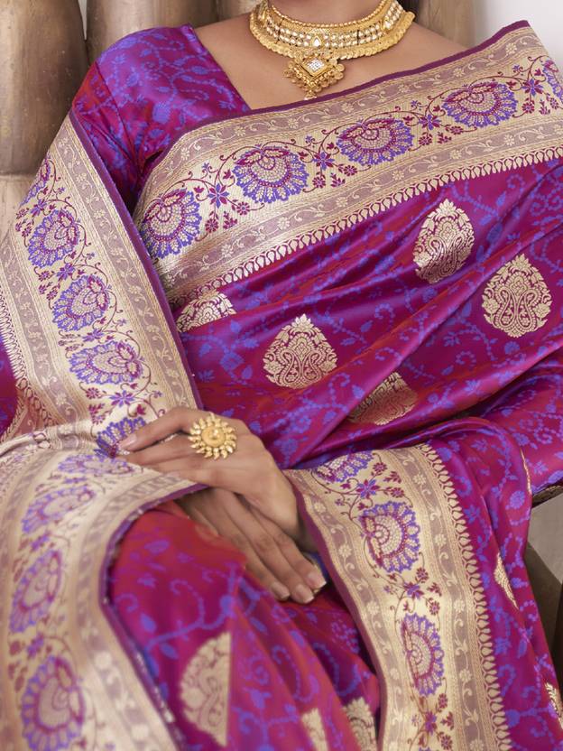 Purple Elegant Banarasi Satin Saree with Unstitched Blouse Piece