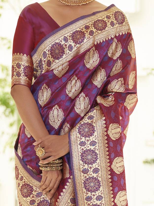 Purple Elegant Banarasi Satin Saree with Unstitched Blouse Piece