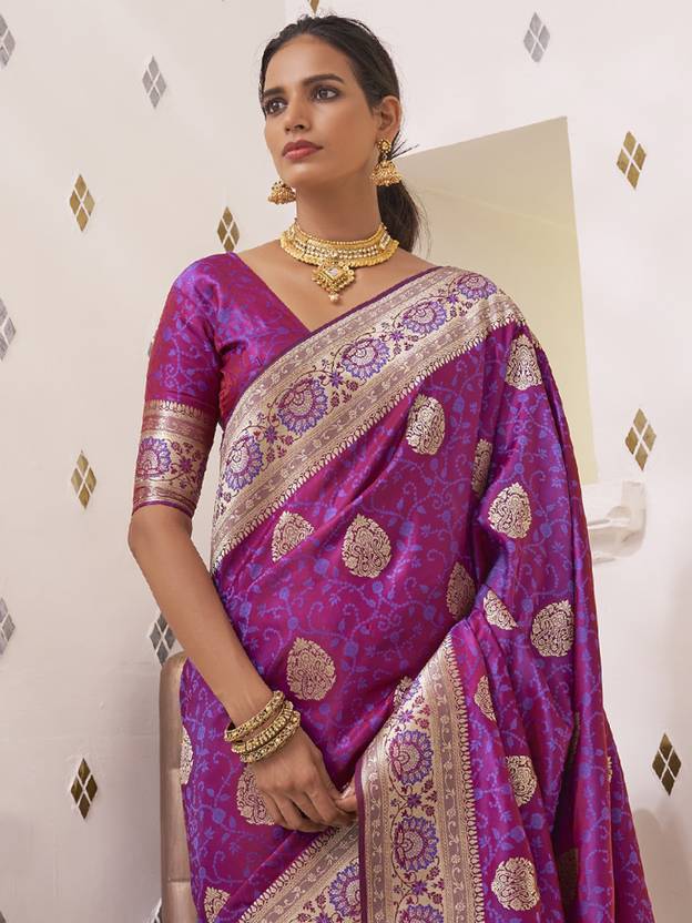 Purple Elegant Banarasi Satin Saree with Unstitched Blouse Piece