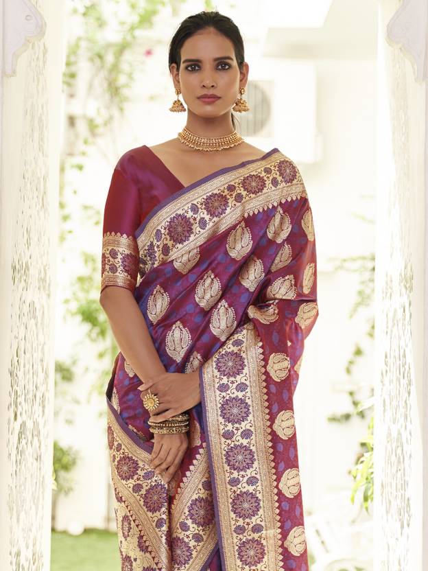 Purple Elegant Banarasi Satin Saree with Unstitched Blouse Piece