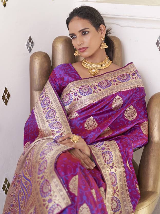 Purple Elegant Banarasi Satin Saree with Unstitched Blouse Piece