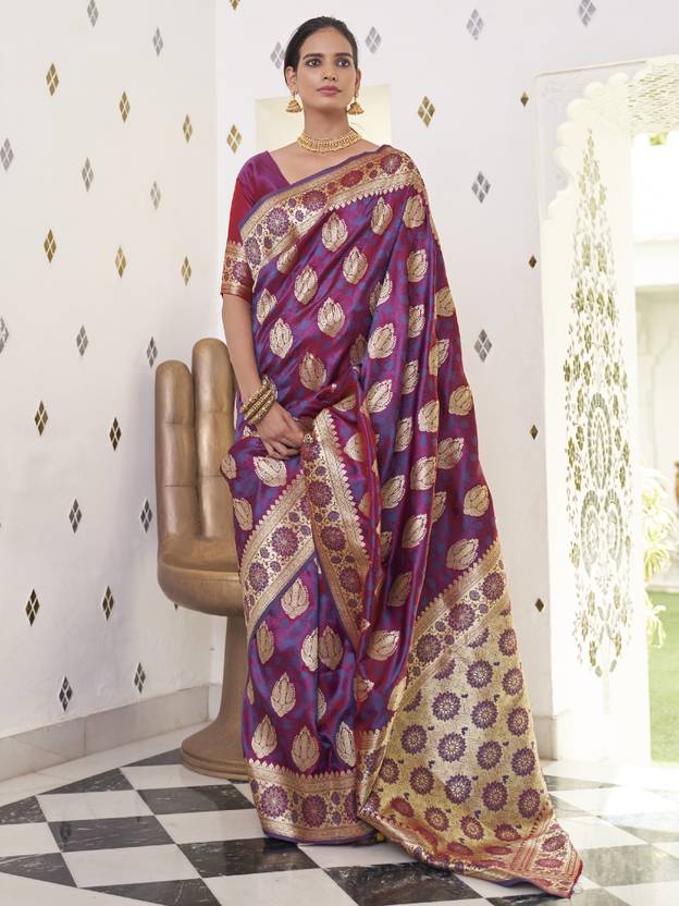 Purple Elegant Banarasi Satin Saree with Unstitched Blouse Piece