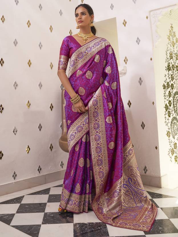 Purple Elegant Banarasi Satin Saree with Unstitched Blouse Piece