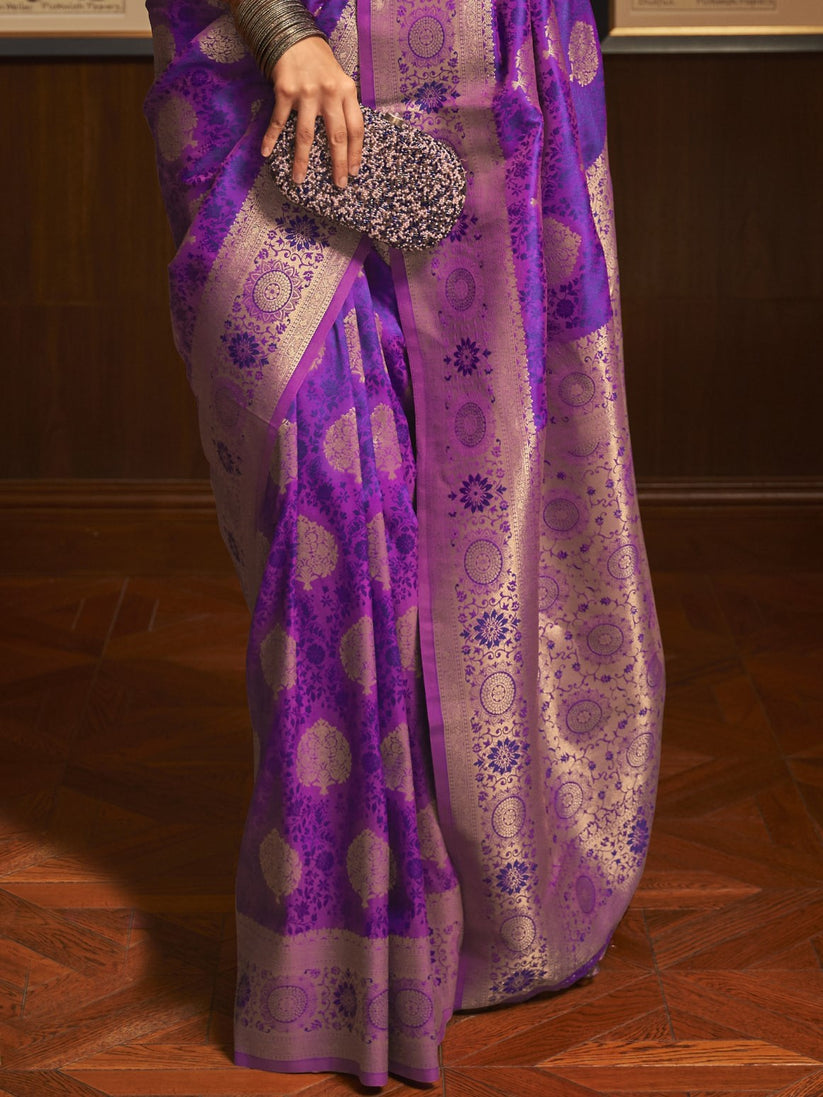Purple Elegant Banarasi Silk Blend Saree with Unstitched Blouse Piece