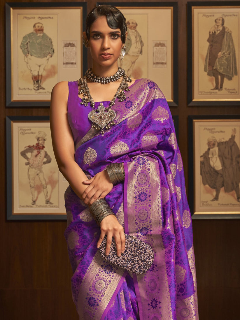 Purple Elegant Banarasi Silk Blend Saree with Unstitched Blouse Piece