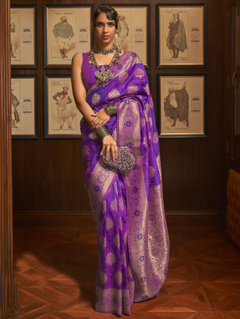 Purple Elegant Banarasi Silk Blend Saree with Unstitched Blouse Piece