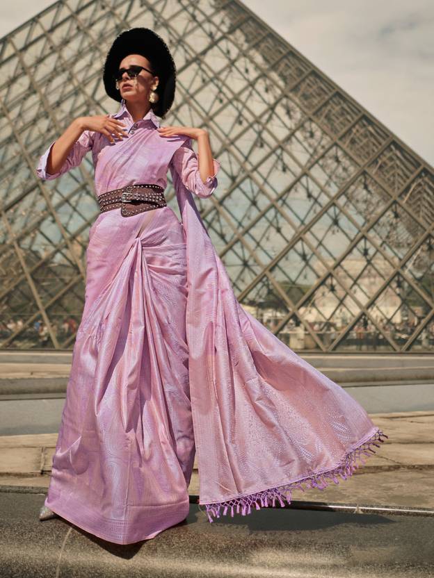 Purple Elegant Banarasi Silk Blend Woven Saree with Tassel Detailing